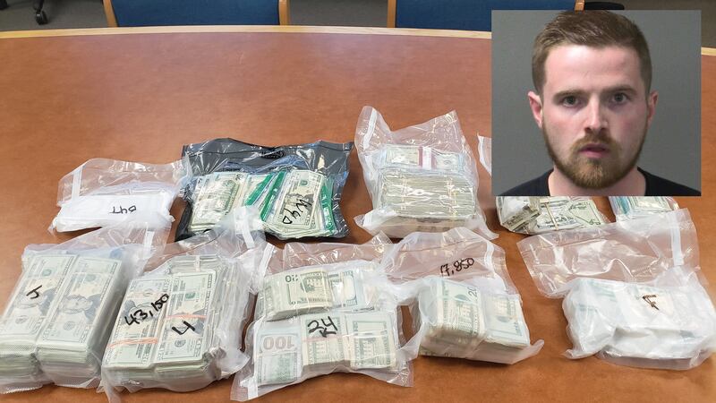 Drew Miller, superimposed over vacuum-sealed money allegedly found in his minivan during a...
