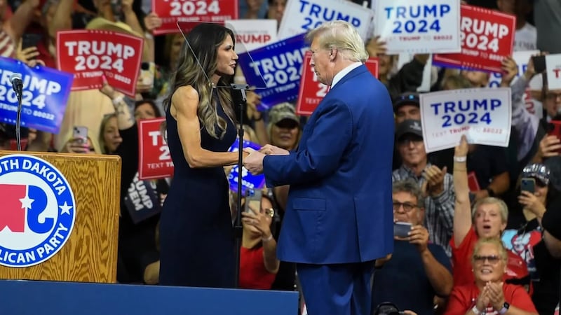 Gov. Kristi Noem introduces Donald Trump during a Sept. 8, 2023, event in Rapid City, where...