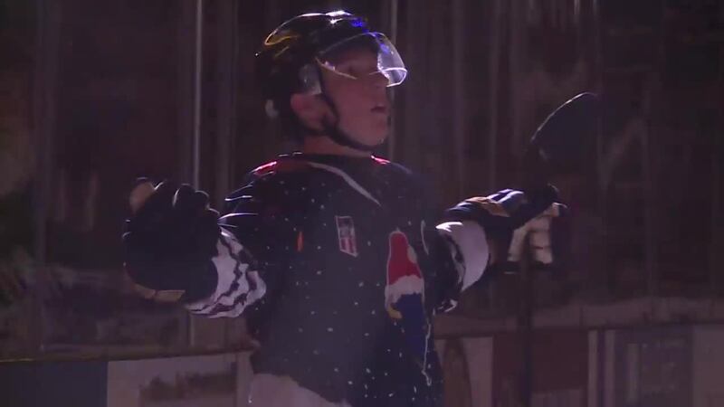 Stampede's Bryce Ingles celebrates a goal in their 3-2 win over Omaha